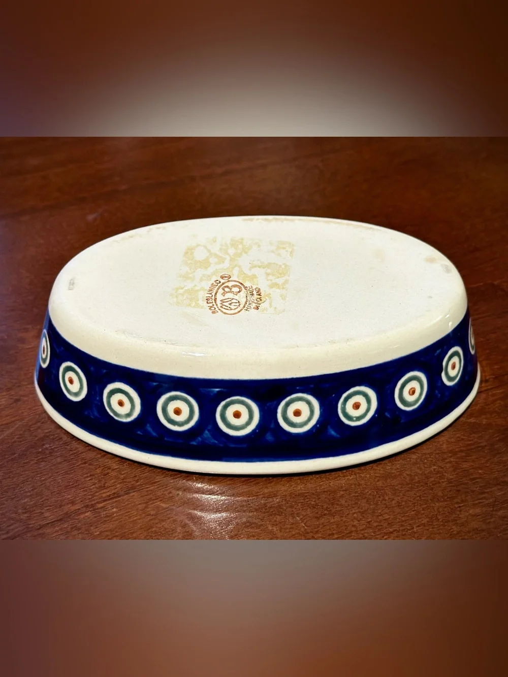 Bolesławiec 6” Oval Baker, Hand-Painted Peacock Feather Made in Poland